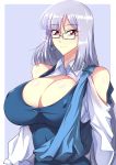  1girl absurdres bangs breasts brown_eyes cleavage covered_nipples glasses gundam gundam_zz haganef highres huge_breasts long_hair looking_to_the_side purple_background purple_hair roux_louka smile solo 