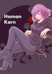  1girl breasts character_name flower gundam haman_karn highres leaning_back looking_at_viewer medium_breasts miki_(miki125dragon) pink_eyes pink_hair red_flower red_rose rose short_hair smile solo zeta_gundam 