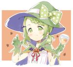  1girl bangs blush bow braid braided_bangs brown_background cape choker closed_mouth cropped_torso cup drink drinking_glass gloves green_bow green_cape green_choker green_eyes green_gloves green_hair green_headwear halloween hands_up hat hat_bow holding holding_cup jack-o&#039;-lantern low_twintails meito_(maze) morinaka_kazaki multicolored multicolored_cape multicolored_clothes neck_ribbon nijisanji outline polka_dot polka_dot_bow purple_cape red_neckwear red_ribbon ribbon shirt short_twintails smile solo star_(symbol) starry_background twintails two-tone_background upper_body virtual_youtuber white_background white_outline white_shirt wine_glass witch_hat 