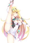  1girl armpits bangs blonde_hair breasts cleavage cleavage_cutout close-up clothing_cutout daive eyebrows_visible_through_hair headpiece highres large_breasts leg_grab leg_up long_hair looking_at_viewer mythra_(xenoblade) one_eye_closed panties simple_background skindentation smile solo split standing standing_on_one_leg standing_split swept_bangs underwear very_long_hair white_background white_panties xenoblade_chronicles_(series) xenoblade_chronicles_2 yellow_eyes 