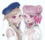  2girls blonde_hair close-up double_bun fang hat highres himehina_channel holding_hands looking_at_viewer multiple_girls nanja open_mouth pink_hair purple_eyes sketch suzuki_hina tanaka_hime virtual_youtuber 