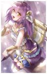  1girl aenea_amethyst_rebel ahoge bangs blush eyebrows_visible_through_hair hair_between_eyes headpiece highres long_hair open_mouth puffy_shorts purple_hair shadowverse shorts sitting sleeveless solo ta938_ka23 thighhighs white_legwear yellow_eyes 