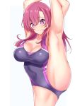  1girl arm_up breasts cleavage competition_swimsuit cowboy_shot highleg highleg_swimsuit highres holding large_breasts leg_lift leg_up long_hair one-piece_swimsuit open_mouth original pink_eyes pink_hair sankakusui smile solo standing standing_on_one_leg swimsuit thighs 