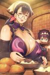  1boy 1girl beads black-framed_eyewear black_hair blue_eyes bowl bracelet bread breasts cattleya cattleya_(queen&#039;s_blade_unlimited) cleavage eating food hair_ornament head_scarf headband holding holding_spoon huge_breasts indoors jewelry long_hair looking_at_viewer mature mother_and_son official_art oosaki_shin&#039;ya ponytail queen&#039;s_blade queen&#039;s_blade_unlimited rana sagging_breasts soup spoon 