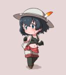  1girl adapted_costume backpack bag bare_shoulders beige_shorts black_gloves black_hair black_legwear black_shirt blue_eyes blush brown_footwear chibi clothes_around_waist crop_top eyebrows_visible_through_hair gloves hat_feather helmet kaban_(kemono_friends) kemono_friends loafers midriff navel ngetyan pantyhose pith_helmet red_shirt shirt shirt_around_waist shoes short_hair sleeveless solo sweatdrop tank_top tied_shirt 