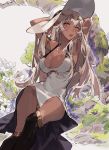  1girl against_tree armlet armpits arms_behind_head arms_up black_legwear borrowed_character breasts circlet cleavage commentary dark_elf dark_skin dress elf english_commentary hat highres iliana_(unsomnus) kanekiru large_breasts light_brown_hair original over-kneehighs pointy_ears reclining sleeveless sleeveless_dress solo sun_hat thighhighs tree white_dress yellow_eyes 