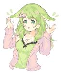  1girl :d animal_ears bangs blush_stickers bow breasts bunny_ears camisole cropped_torso eyebrows_visible_through_hair flower green_camisole green_eyes green_hair hair_bow hair_flower hair_ornament hands_up jacket kemonomimi_mode long_hair long_sleeves meito_(maze) morinaka_kazaki nijisanji notice_lines open_clothes open_jacket open_mouth pink_bow pink_jacket sleeves_past_wrists small_breasts smile solo upper_body virtual_youtuber white_flower 