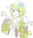  1girl :d bangs blue_neckwear blush_stickers bow eyebrows_visible_through_hair green_eyes green_hair hair_between_eyes hair_bow hair_over_shoulder hands_up holding long_hair looking_at_viewer low_twintails meito_(maze) morinaka_kazaki neckerchief nijisanji open_clothes open_mouth petals red_bow sailor_collar school_uniform serafuku shirt simple_background smile solo twintails upper_body virtual_youtuber white_background white_sailor_collar white_shirt wide_sleeves 