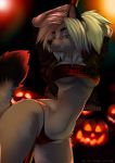  anthro black_body black_fur blue_eyes breasts canid canine clothed clothing detailed_background fangs female fluffy fluffy_tail fox fur hair halloween hi_res holidays mammal multicolored_body multicolored_fur panties partially_clothed pole smile solo tasha_lisets tashalisets two_tone_body two_tone_fur underwear white_body white_fur white_hair 