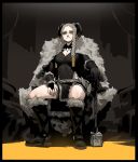  1girl absurdres black_border black_footwear black_gloves black_leotard boots border braid breasts cape cleavage closed_mouth fur-trimmed_boots fur_trim gloves gogalking highres holding holding_weapon horizontal_pupils horns knee_boots large_breasts leotard long_hair looking_at_viewer original pelt side_braid sitting solo war_hammer warchief_(gogalking) weapon yellow_eyes 