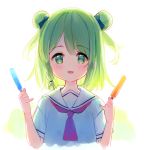  1girl :d backlighting bangs blush braid cropped_torso double_bun eyebrows_visible_through_hair food green_eyes green_hair hands_up holding holding_food looking_at_viewer meito_(maze) morinaka_kazaki nijisanji open_mouth popsicle red_neckwear sailor_collar school_uniform serafuku shirt side_braid single_braid smile solo two_side_up upper_body virtual_youtuber white_background white_sailor_collar white_shirt 