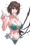  1girl bikini blue_eyes breasts brown_hair cleavage collarbone commentary_request cowboy_shot green_bikini hair_ornament highres index_finger_raised kantai_collection large_breasts looking_at_viewer maya_(kantai_collection) short_hair simple_background solo sozan swimsuit white_background x_hair_ornament 
