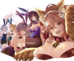  5girls animal_ear_fluff animal_ears artoria_pendragon_(all) artoria_pendragon_(caster) bangs bare_shoulders bell bell_collar blonde_hair blue_eyes blue_leotard blush breasts bunny_ears bunny_tail cat_hair_ornament collar detached_collar fangs fate/extra fate/grand_order fate/prototype fate_(series) fishnet_legwear fishnets fox_ears fox_girl glasses gloves hair_ornament hair_over_one_eye highleg highleg_leotard jingle_bell large_breasts leotard light_purple_hair long_hair looking_at_viewer maid_headdress mash_kyrielight merlin_(fate/prototype) multiple_girls open_mouth paw_gloves paws piercing_bunny pink_hair playboy_bunny ponytail purple_eyes purple_hair purple_leotard red_eyes red_leotard scathach_(fate)_(all) scathach_(fate/grand_order) short_hair sidelocks silver_hair smile tail tamamo_(fate)_(all) tamamo_cat_(fate) thighs twintails very_long_hair wrist_cuffs yatsuka_(846) yellow_eyes 