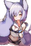  2020 5_fingers absurd_res alternate_species anthro anthrofied arknights black_nose blush bottomwear bra breasts canid canine cleavage clothed clothing cute_fangs dessert eating female fingers fluffy fluffy_ears fluffy_tail food fox fur hair hi_res high-angle_view holding_object huge_tail ice_cream kemono long_hair looking_at_viewer mammal navel ponytail provence_(arknights) purple_body purple_fur purple_hair shorts simple_background solo tabhead tail_hug underwear white_background white_body white_fur yellow_eyes 