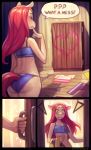 anthro blush bra clothed clothes_on_floor clothing comic crossdressing cyancapsule dialogue dresser equid equine eyes_closed fur furniture girly hair hi_res horse male mammal nila_(cyancapsule) panties red_hair red_tail solo speech_bubble underwear wide_eyed yellow_body yellow_fur 
