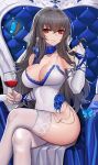  1girl absurdres alcohol armlet azur_lane bangs bare_shoulders black_hair blue_neckwear blue_ribbon blush breasts bridal_gauntlets bug butterfly cleavage closed_mouth collarbone covered_navel cross crossed_legs cup dress drinking_glass eternity_(shadeh) eyebrows_visible_through_hair highres holding holding_cup insect large_breasts long_hair looking_at_viewer mole mole_under_eye pelvic_curtain red_eyes ribbon ringed_eyes saint-louis_(azur_lane) sitting sleeveless sleeveless_dress smile solo thighhighs thighs throne very_long_hair white_dress white_legwear wine wine_glass 