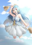  1girl :d angel_wings arm_up bare_shoulders bell bell_earrings bellringer_angel blue_bow blue_eyes blue_hair bow breasts cloud dress earrings full_body hair_between_eyes hair_ornament hairclip halo halterneck highres holding holding_bell inashiso_(nonsugar) jewelry keyring long_hair looking_at_viewer midair open_mouth outdoors shadowverse sky small_breasts smile solo white_dress wings 