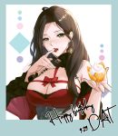  1girl breasts brown_hair cherry cleavage da-cart dated dorothea_arnault dress earrings eating fire_emblem fire_emblem:_three_houses food fruit green_eyes happy_birthday highres holding jewelry long_hair long_sleeves open_mouth solo upper_body 