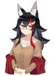  1girl absurdres alternate_costume animal_ear_fluff animal_ears bespectacled black-framed_eyewear black_hair breasts brown_sweater casual closed_mouth collarbone commentary eyebrows_visible_through_hair glasses hair_between_eyes hair_flaps hair_ornament hands_together highres hololive long_hair long_sleeves looking_at_viewer medium_breasts multicolored_hair off_shoulder ookami_mio orange_eyes red_hair shawl shirt simple_background smile solo streaked_hair sweater two-tone_hair upper_body virtual_youtuber white_background white_shirt wolf_ears yamabuki7979 