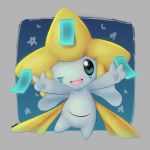  1:1 absurd_res ambiguous_gender feral glowing gradient_background green_eyes grey_body hi_res jirachi legendary_pok&eacute;mon mklxiv nintendo one_eye_closed open_mouth pok&eacute;mon pok&eacute;mon_(species) simple_background smile star video_games wings wink 