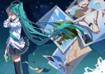  1girl ahoge aosaki_yato aqua_hair aqua_neckwear black_legwear black_skirt blush bracelet brown_hair calc_(vocaloid) clam_shell commentary covering_face faceless faceless_male from_side hand_on_own_face hand_up hatsune_miku highres holding holding_hands holding_photo jewelry long_hair long_sleeves miniskirt necklace necktie night night_sky ocean photo_(object) pleated_skirt shell shirt skirt sky standing star_(sky) starry_sky tears thighhighs tree twintails very_long_hair vocaloid wavy_mouth white_shirt zettai_ryouiki zoom_layer 