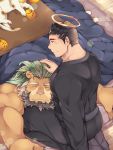  2boys alternate_costume animal_ears arsalan_(tokyo_houkago_summoners) ass bara beard bed_sheet black_hair blush brown_fur casual closed_eyes couple facial_hair fingernails food fruit furry green_hair halo hand_on_another&#039;s_head highres kotatsu lap_pillow light_smile lion_boy lion_ears male_focus mandarin_orange medium_hair multiple_boys muscle sharp_fingernails short_hair sleeping socks stubble table tokyo_houkago_summoners yaoi yellow_eyes youzora_samo18 zabaniya_(tokyo_houkago_summoners) 