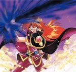  1990s_(style) 1girl angry araizumi_rui armor belt cape earrings energy_sword fighting_stance gloves glowing headband holding jewelry lina_inverse long_hair magic night night_sky official_art open_mouth orange_hair outdoors pauldrons red_eyes shiny shiny_clothes shoulder_armor sky slayers smoke solo spandex special_moves sword two-handed weapon 