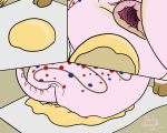  5:4 anus anus_markings brown_anus brown_hooves butt cake_(pastry_donkey) dough equid equine equine_anus feral flattened food fur fur_markings gaping gaping_anus hi_res hooves male mammal markings pastry_donkey pink_body pink_fur sitting sitting_on_food solo 