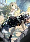  absurdres ammunition_belt blue_archive blurry blurry_background blush breasts chamu_(chammkue) commentary_request firing gatling_gun green_eyes grey_hair gun halo highres id_card jacket large_breasts long_hair nonomi_(blue_archive) ruins school_uniform shell_casing standing weapon 