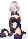  1girl alternate_costume black_gloves black_legwear black_leotard blue_eyes breasts clothing_cutout cosplay elbow_gloves fate/grand_order fate_(series) gloves hair_over_one_eye hamakaze_(kantai_collection) high_heels highres kantai_collection large_breasts leotard mash_kyrielight mash_kyrielight_(cosplay) navel navel_cutout short_hair silver_hair sitting solo thighhighs wariza yasume_yukito 