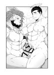 2boys abs animal_ears arsalan_(tokyo_houkago_summoners) bar_censor bara bare_chest beard black_hair blush cape censored chest completely_nude couple erection facial_hair feet_out_of_frame fingernails furry greyscale halo hand_on_another&#039;s_penis handjob highres lion_boy lion_ears male_focus medium_hair monochrome multicolored_hair multiple_boys multiple_penises muscle naked_cape nipples nude penis penises_touching sharp_fingernails short_hair stubble thick_thighs thighs tokyo_houkago_summoners two-tone_hair yaoi youzora_samo18 zabaniya_(tokyo_houkago_summoners) 