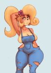  2020 accessory activision anthro bandicoot big_breasts black_nose blonde_hair blue_clothing blue_overalls breasts brown_body brown_skin cleavage clothed clothing coco_bandicoot countershading crash_bandicoot_(series) digital_media_(artwork) female flower flower_in_hair front_view green_eyes hair hair_accessory hand_behind_back hand_behind_head hi_res huge_hips long_hair looking_at_viewer mammal marsupial overalls plant ponytail portrait raised_arm shinyglute simple_background solo standing tan_countershading three-quarter_portrait video_games white_background wide_hips 