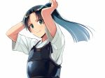  1girl adjusting_hair arms_behind_head arms_up black_hair blue_eyes blush bougu closed_mouth commentary_request floating_hair long_hair looking_at_viewer mahouka_koukou_no_rettousei mibu_sayaka ponytail sayshownen simple_background smile solo upper_body white_background 
