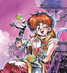  1990s_(style) 1girl amulet araizumi_rui earrings floating floating_object gloves headband jewelry lina_inverse long_hair looking_at_viewer official_art on_lap one_eye_closed open_mouth orb red_eyes red_hair sitting slayers solo traditional_media upper_teeth 