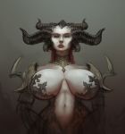  2019 big_breasts black_horn blizzard_entertainment blue_eyes breasts breasts_apart demon diablo digital_media_(artwork) female front_view half-length_portrait hi_res horn humanoid light_skin lilith_(diablo) navel not_furry portrait shinyglute simple_background small_waist solo video_games wide_hips 