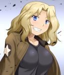  1girl beni_(bluebluesky) black_tank_top blonde_hair blue_eyes blush breasts girls_und_panzer highres kay_(girls_und_panzer) large_breasts long_hair looking_at_viewer saunders_military_uniform smile solo tank_top upper_body 