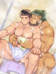  2boys animal_ears arsalan_(tokyo_houkago_summoners) bara bare_chest beard black_hair blush brown_fur bulge chest couple facial_hair feet_out_of_frame fingernails foam furry green_hair halo head_on_another&#039;s_shoulder highres hug hug_from_behind lion_boy lion_ears male_focus medium_hair multiple_boys muscle naked_towel nipples sharp_fingernails short_hair showering sitting stubble thick_thighs thighs tokyo_houkago_summoners towel towel_on_legs washing_another wet yaoi yellow_eyes youzora_samo18 zabaniya_(tokyo_houkago_summoners) 