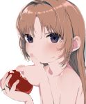  1girl absurdres bare_shoulders blush bouen collarbone eating food food_on_face hair_intakes highres holding holding_food light_brown_hair long_hair looking_at_viewer original purple_eyes simple_background solo tomato upper_body white_background 