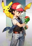  1boy ash_ketchum bangs baseball_cap belt black_shirt brown_eyes clenched_hand closed_mouth commentary fingerless_gloves fingernails gen_1_pokemon gloves green_gloves hat holding holding_poke_ball jacket pants pikachu poke_ball poke_ball_(basic) pokemon pokemon_(anime) pokemon_(classic_anime) pokemon_(creature) pokemon_on_back shirt short_sleeves toridamono 