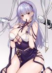  1girl azur_lane bangs bare_shoulders between_breasts breasts choker cleavage clothing_cutout criss-cross_halter dido_(anxious_bisque_doll)_(azur_lane) dido_(azur_lane) disembodied_limb dress frills gloves gradient gradient_background hair_behind_ear hairband halter_dress halterneck highres holding_another&#039;s_hair jewelry ki-san_(konoha) kneeling large_breasts long_hair looking_at_viewer mouth_hold multiple_hands pelvic_curtain pulling purple_background purple_dress purple_eyes purple_footwear purple_hair purple_hairband purple_ribbon ribbon ribbon_in_mouth silver_hair skindentation sleeveless sleeveless_dress solo_focus strap streamers white_background white_gloves 