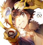  1boy adjusting_eyewear bangs blue_jacket brown_eyes brown_hair copyright_name digimon digimon_adventure_02 ekita_xuan flame_print fur_trim gloves goggles goggles_on_head grin hair_between_eyes hand_up holding jacket light_particles looking_at_viewer magnamon male_focus mismatched_pupils motomiya_daisuke number outstretched_arm reflection shirt simple_background smile solo symbol-shaped_pupils t-shirt upper_body v white_background yellow_gloves 