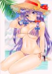  1girl arm_up bare_arms bare_legs bare_shoulders bikini blue_bow bow breasts brown_headwear cleavage closed_mouth covered_nipples crescent expressionless hair_bow hat highres large_breasts looking_at_viewer navel patchouli_knowledge pink_bikini pom77 purple_bikini purple_eyes purple_hair red_bow sidelocks solo stomach straw_hat string_bikini striped striped_bikini swimsuit touhou traditional_media wrist_cuffs 