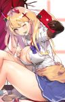  1girl ;d absurdres azur_lane bangs black_gloves blonde_hair blush breasts cellphone cleavage clothes_around_waist cross_hair_ornament crossed_legs elbow_gloves eyebrows_visible_through_hair gloves gyaru hair_between_eyes hair_ornament highres holding holding_phone horns kogal kumano_(azur_lane) large_breasts long_hair looking_at_viewer mouth_hold nike1060 one_eye_closed oni_horns open_mouth phone purple_eyes self_shot sharp_teeth shirt skirt smartphone smile solo sweater sweater_around_waist taking_picture teeth uniform 