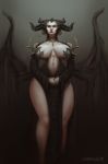  2019 big_breasts black_horn blizzard_entertainment blue_eyes breasts breasts_apart clasped_hands clothing demon diablo digital_media_(artwork) female front_view hi_res horn humanoid light_skin lilith_(diablo) navel not_furry portrait shinyglute simple_background small_waist solo standing three-quarter_portrait video_games wide_hips wings 