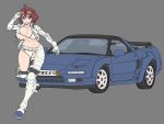  1girl bikini blue_eyes breasts brups_tv car cosplay eyewear_on_head grey_background ground_vehicle hatsune_miku highres honda honda_nsx large_breasts looking_to_the_side micro_bikini motor_vehicle original racing_miku racing_miku_(2014) red_hair running short_hair single_thighhigh sunglasses swimsuit thighhighs white_bikini 