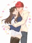  1boy 1girl black_hair black_legwear blush closed_eyes cosplay crossdressing emiya_shirou emiya_shirou_(cosplay) fate/stay_night fate_(series) highres hug hug_from_behind long_hair long_sleeves raglan_sleeves red_hair short_hair smile thighhighs thighs tohsaka_rin toutou_(fufu0o) twintails two_side_up 