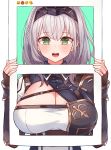  1girl armor blush braid breasts cleavage emoji fingerless_gloves framed_breasts gloves green_eyes highres hololive large_breasts looking_at_viewer mole mole_on_breast mou_tama_maru open_mouth shirogane_noel silver_hair solo twitter virtual_youtuber 