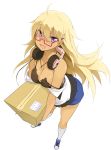  1girl blonde_hair box breasts camisole cardboard_box cleavage dark_skin eyebrows_visible_through_hair fang foreshortening full_body glasses hair_between_eyes headphones headphones_around_neck highres jewelry long_hair looking_at_viewer maruku medium_breasts necklace open_mouth original purple_eyes red-framed_eyewear semi-rimless_eyewear shorts solo strap_slip white_background 