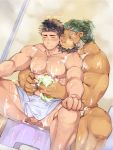  2boys animal_ears arsalan_(tokyo_houkago_summoners) bara bare_chest beard black_hair blush brown_fur bulge chest couple erection erection_under_clothes facial_hair feet_out_of_frame fingernails foam furry green_hair halo head_on_another&#039;s_shoulder highres hug hug_from_behind leg_hair lion_boy lion_ears male_focus medium_hair multiple_boys muscle naked_towel nipples sharp_fingernails short_hair showering sitting stubble testicles thick_thighs thighs tokyo_houkago_summoners towel towel_on_legs washing_another wet yaoi yellow_eyes youzora_samo18 zabaniya_(tokyo_houkago_summoners) 