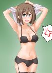  1girl anger_vein angry anti_(untea9) armpits arms_up black_bra black_panties blue_eyes blush bra breasts brown_hair cleavage cowboy_shot fang garter_belt gradient gradient_background green_background hair_between_eyes hair_ornament hairclip highres kantai_collection large_breasts lingerie looking_at_viewer maya_(kantai_collection) navel open_mouth panties short_hair skin_fang solo speech_bubble spoken_anger_vein standing sweatdrop underwear undressing x_hair_ornament 